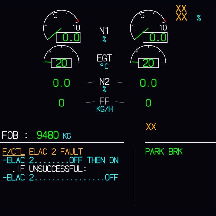 Capture of the E/WD in Fly-K: message F/CTL ELAC 2 FAULT in amber, with the actions for it below in cyan.