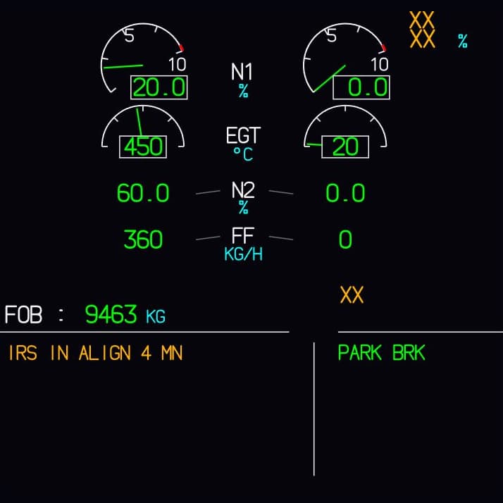 Capture of the E/WD in Fly-K with engine 1 running: message IRS IN ALIGN 4 MN in amber.
