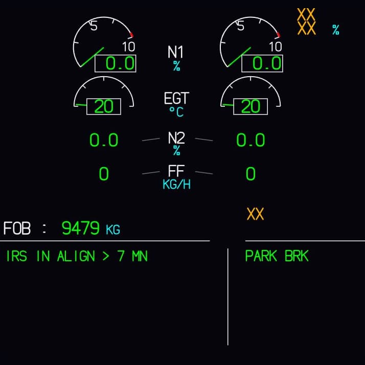 Capture of the E/WD in Fly-K with both engines off: green memo IRS IN ALIGN > 7 MN.