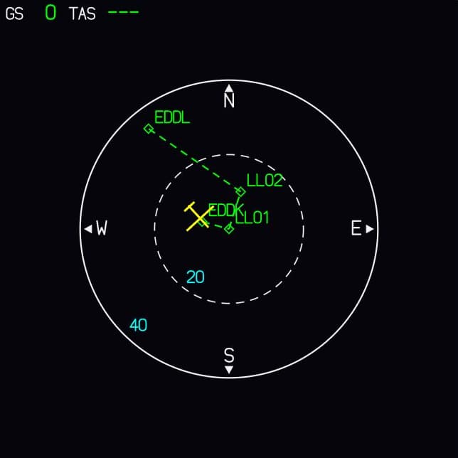 Capture of the ND in Fly-K in PLAN mode: the same route from EDDK via LL01 and LL02 to EDDL.